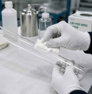 Cleaning a quartz glass tube with a clean lint-free cloth to remove fingerprints and surface contamination
