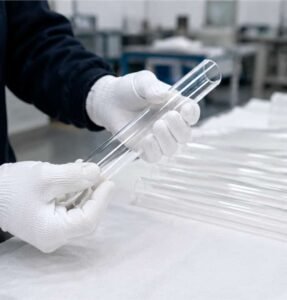 Clean gloves carefully handling a quartz glass tube to avoid fingerprints and surface contamination