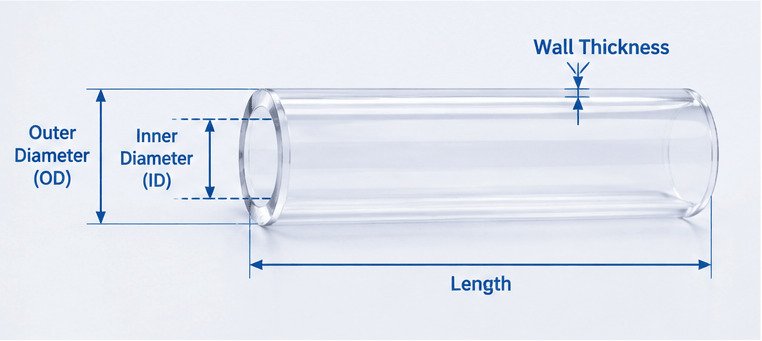 Quartz glass tube showing outer diameter inner diameter wall thickness and length