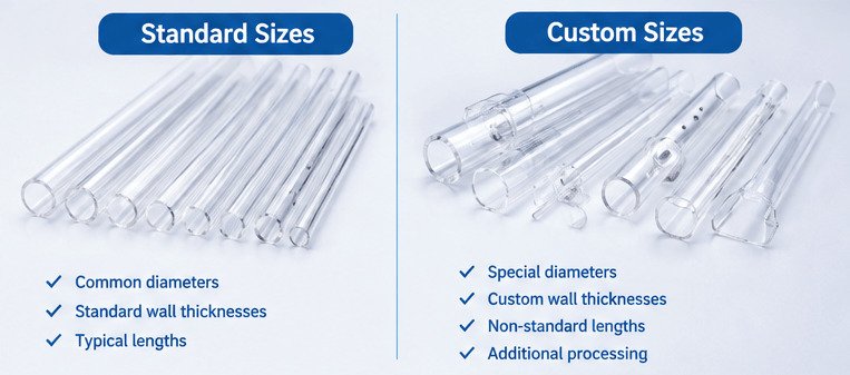Standard and custom quartz glass tubes in different sizes